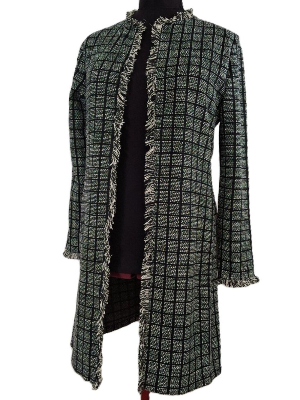 Zara Size S Plaid Tweed Longline Jacket Coat Black Beige Grid Print Fringe Trim